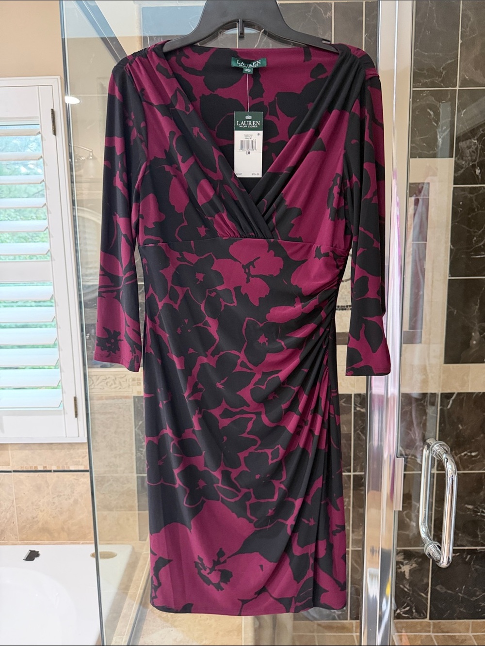 Lauren Ralph Lauren Black and Plum Floral Faux-Wrap Dress